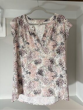 LOFT Pink and Black Floral Cap Sleeve V-Neck Top